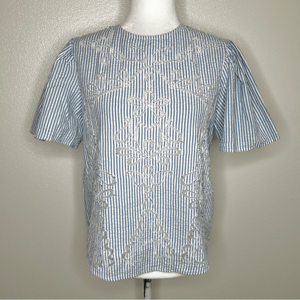 ZARA Womens Blue & White Striped Embroidered Puff Sleeve Top Size S